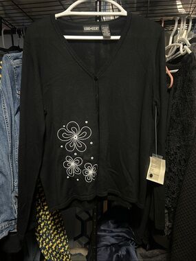 Kerri Kelsey Black V-Neck Cardigan with White Floral Embroidery